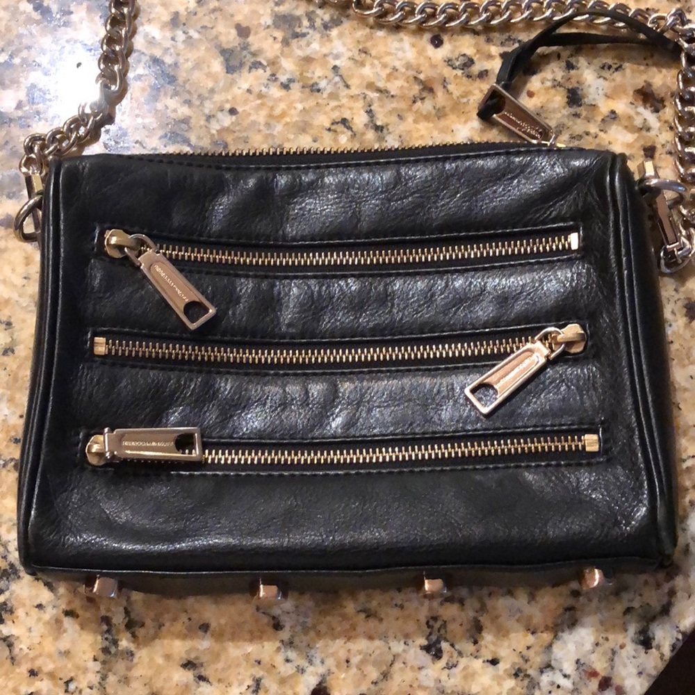Rebecca Minkoff 5-zip crossbody bag, black leather. OS.